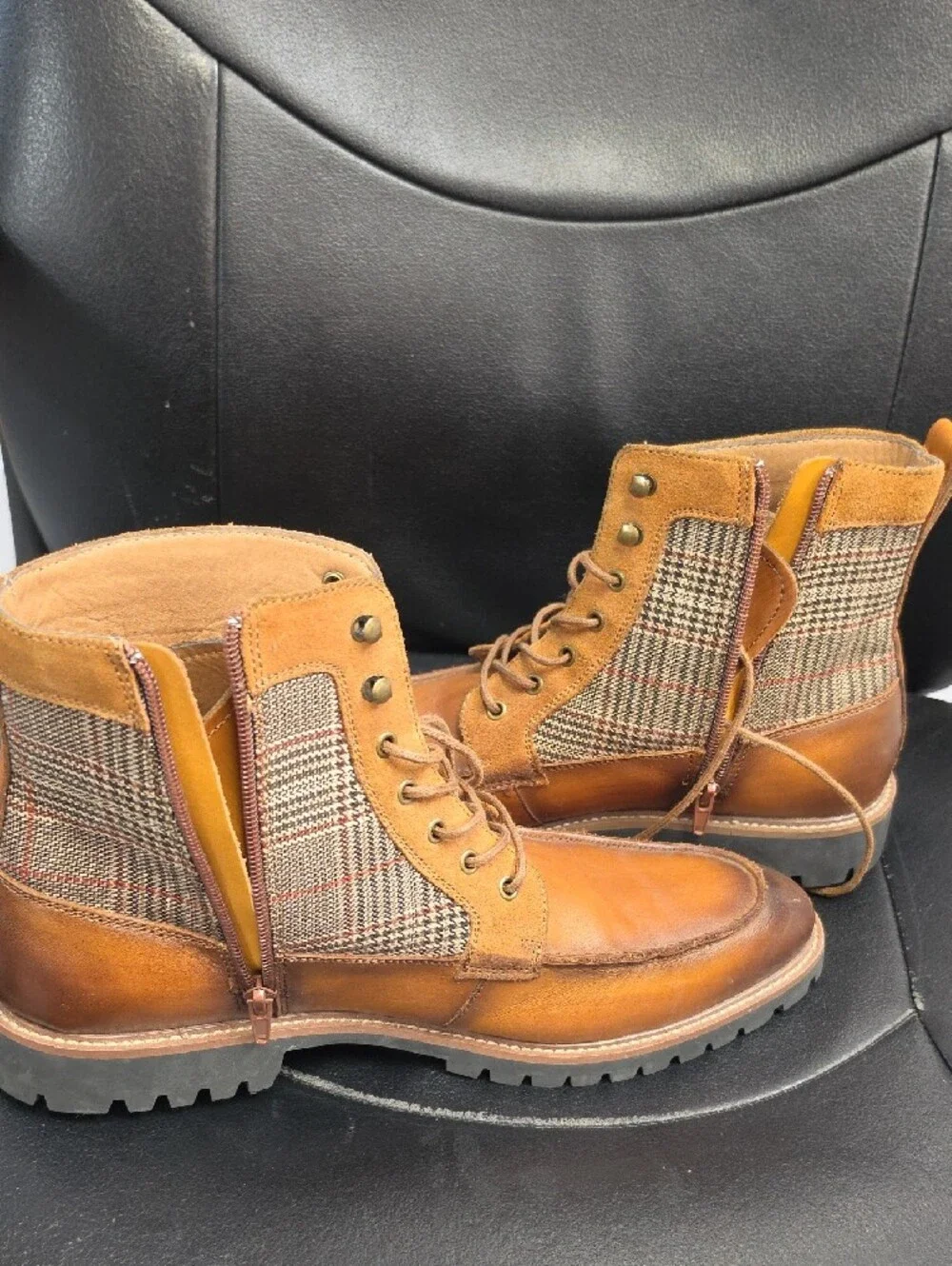 Milano Brown Leather Plaid Combat Boots
